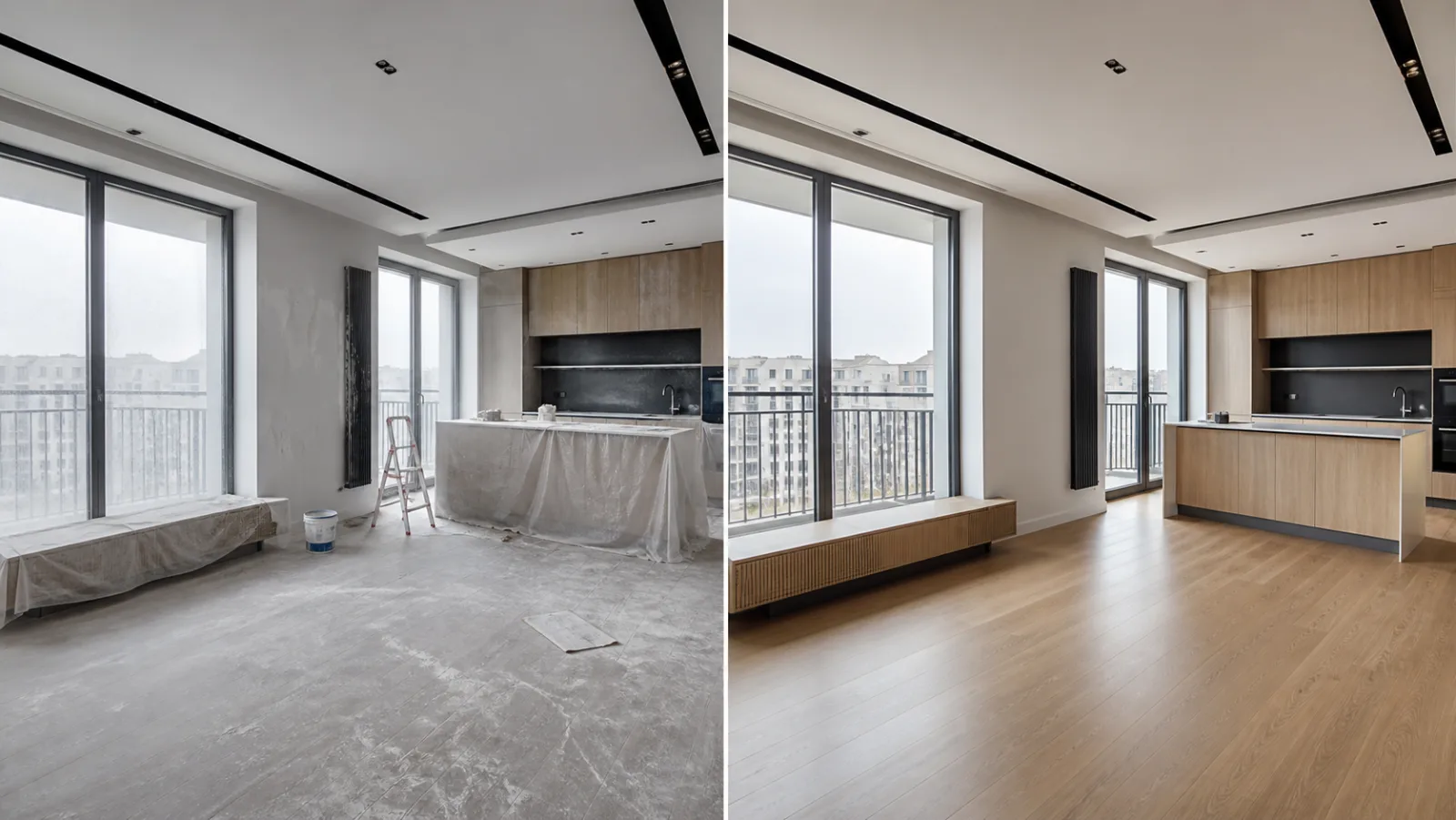 Comparação demonstrativa de apartamento remodelado antes e depois da limpeza técnica