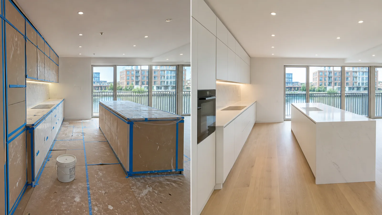 Comparação demonstrativa de cozinha em fim de obra antes e depois da limpeza técnica