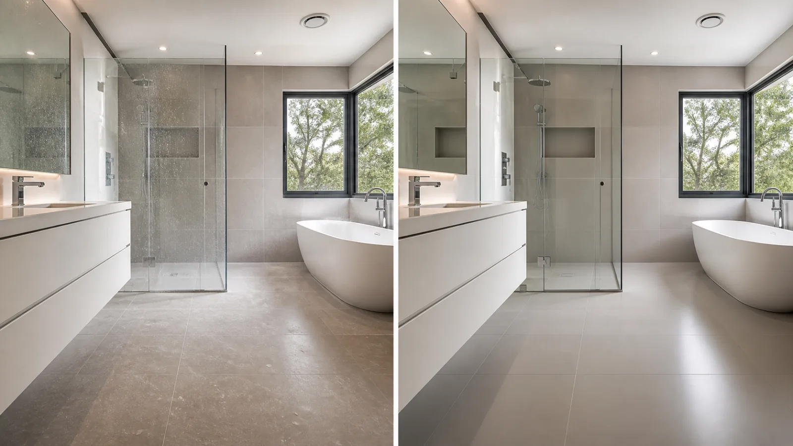 Comparação demonstrativa de casa de banho antes e depois da limpeza técnica