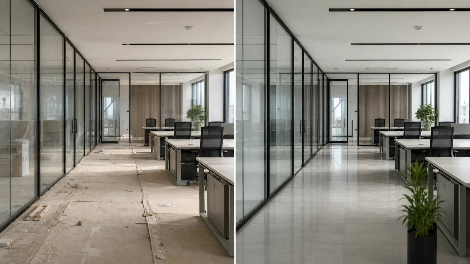 Comparação demonstrativa de escritório antes e depois da limpeza técnica