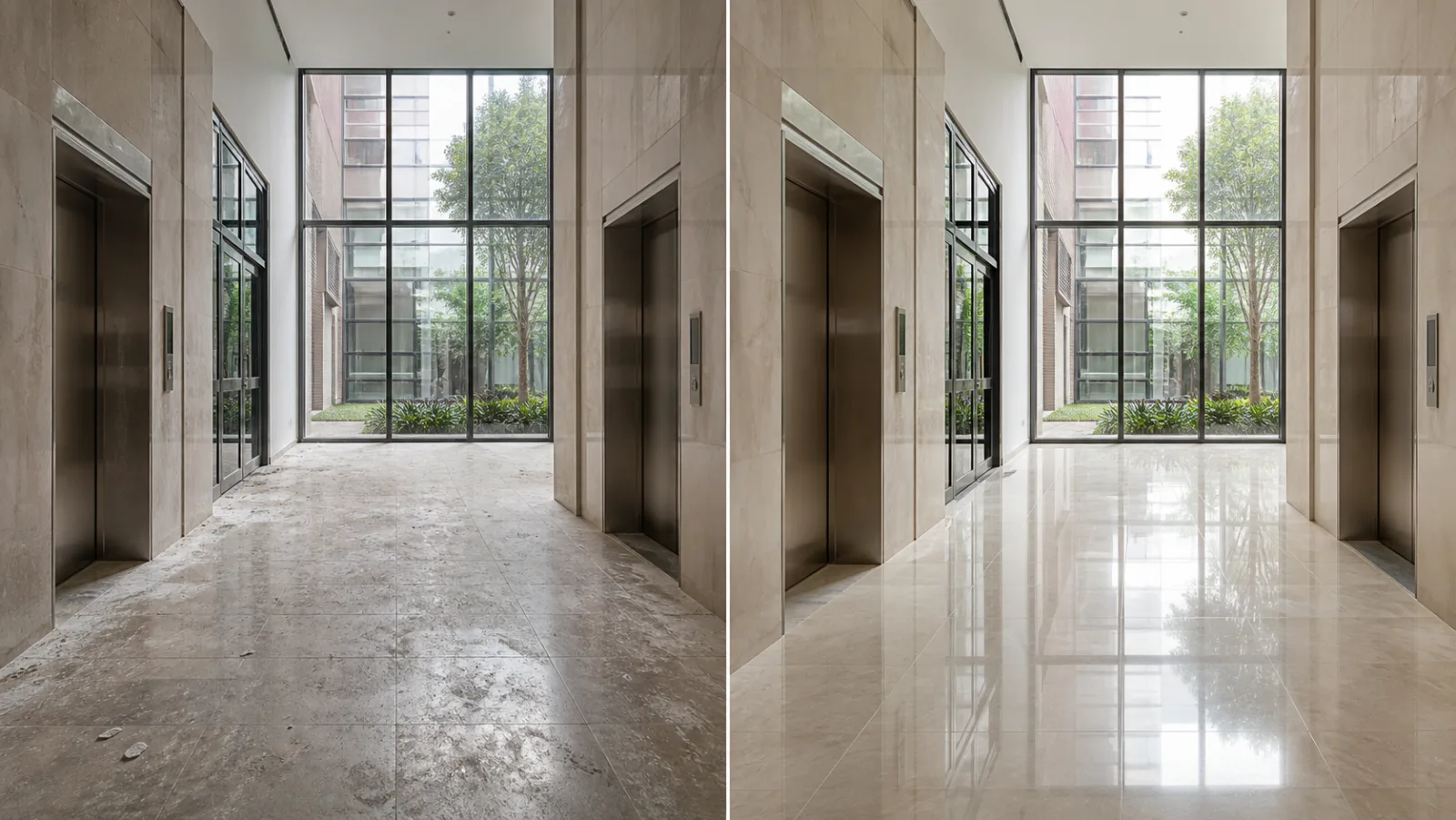 Comparação demonstrativa de hall em mármore antes e depois da limpeza técnica